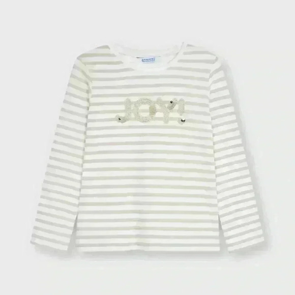 Mayoral Gold “Joy” Long Sleeve Shirt Size 4 Christmas Winter Sequin Gold Santa - Picture 1 of 4